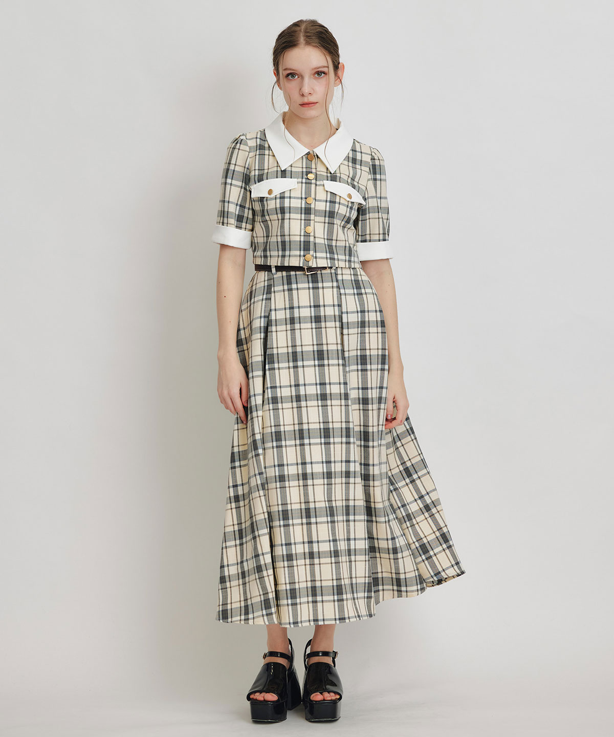 バイカラーチェックブラウス×フレアロングスカートセットアップ