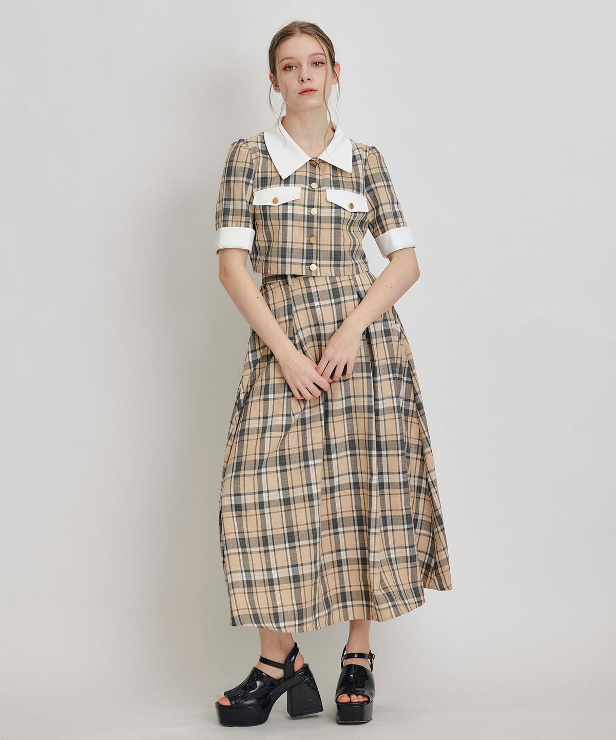 バイカラーチェックブラウス×フレアロングスカートセットアップ
