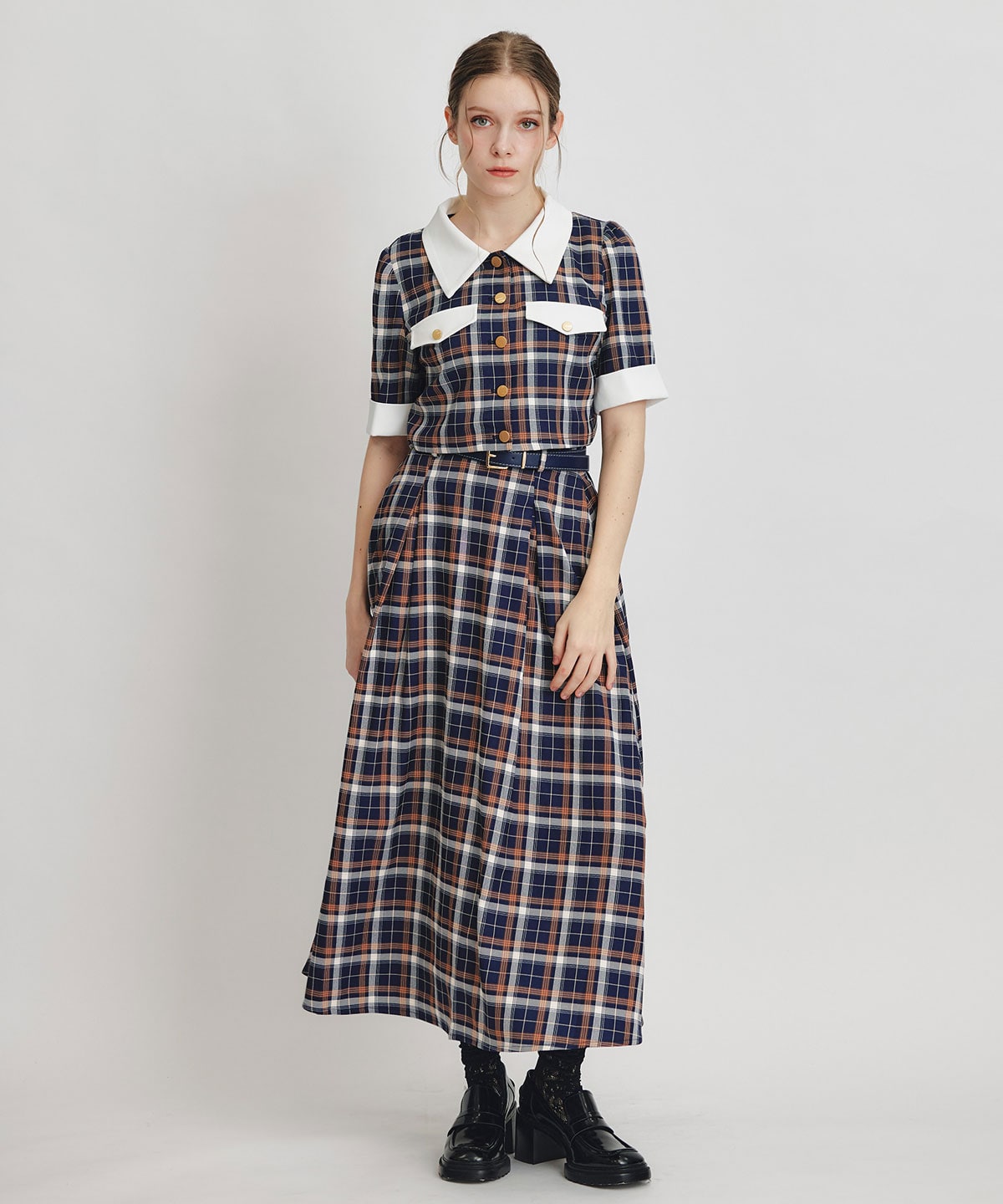 バイカラーチェックブラウス×フレアロングスカートセットアップ