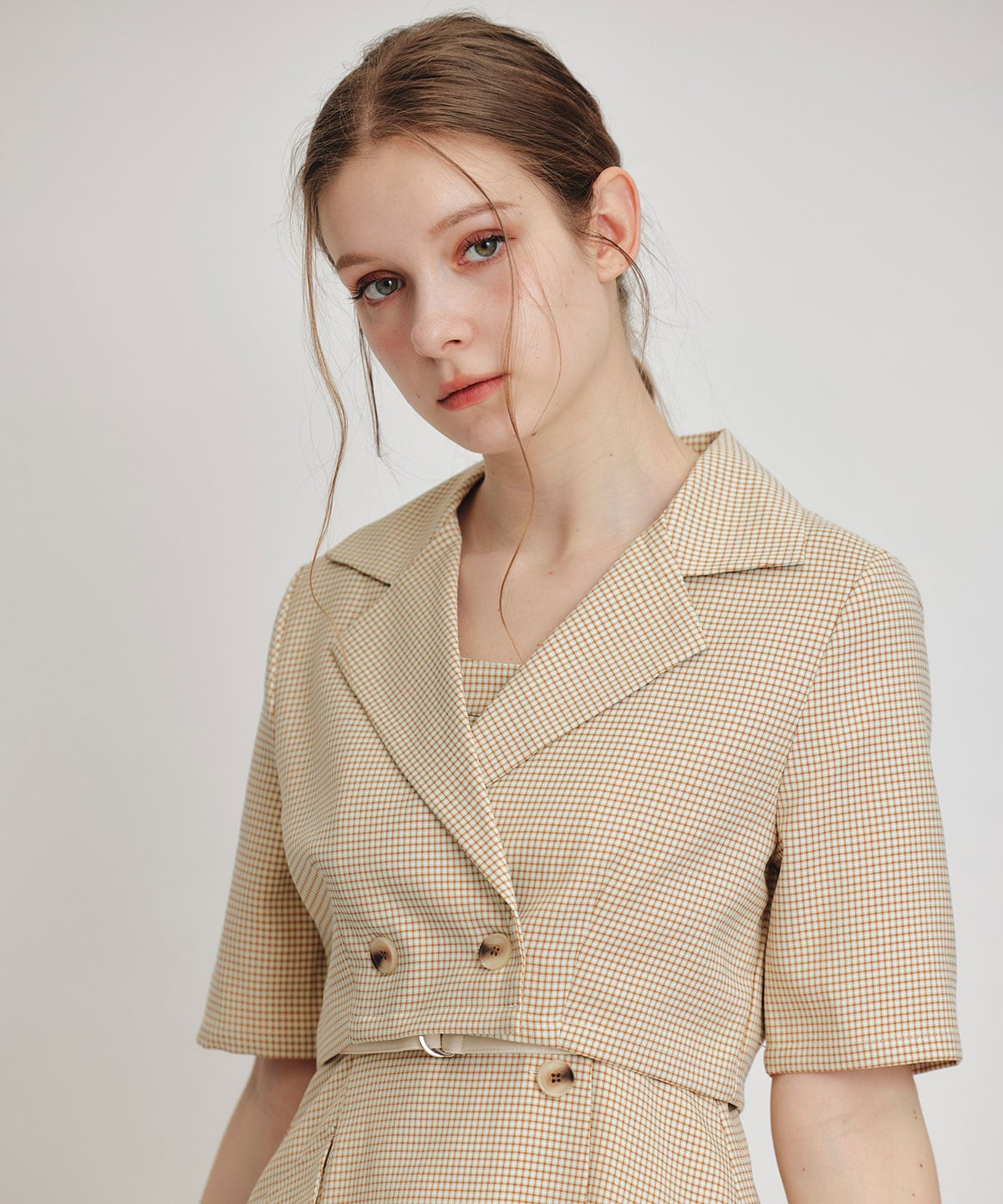 チェックショートジャケットｘアクセントベルトフレアロングワンピースセットアップ