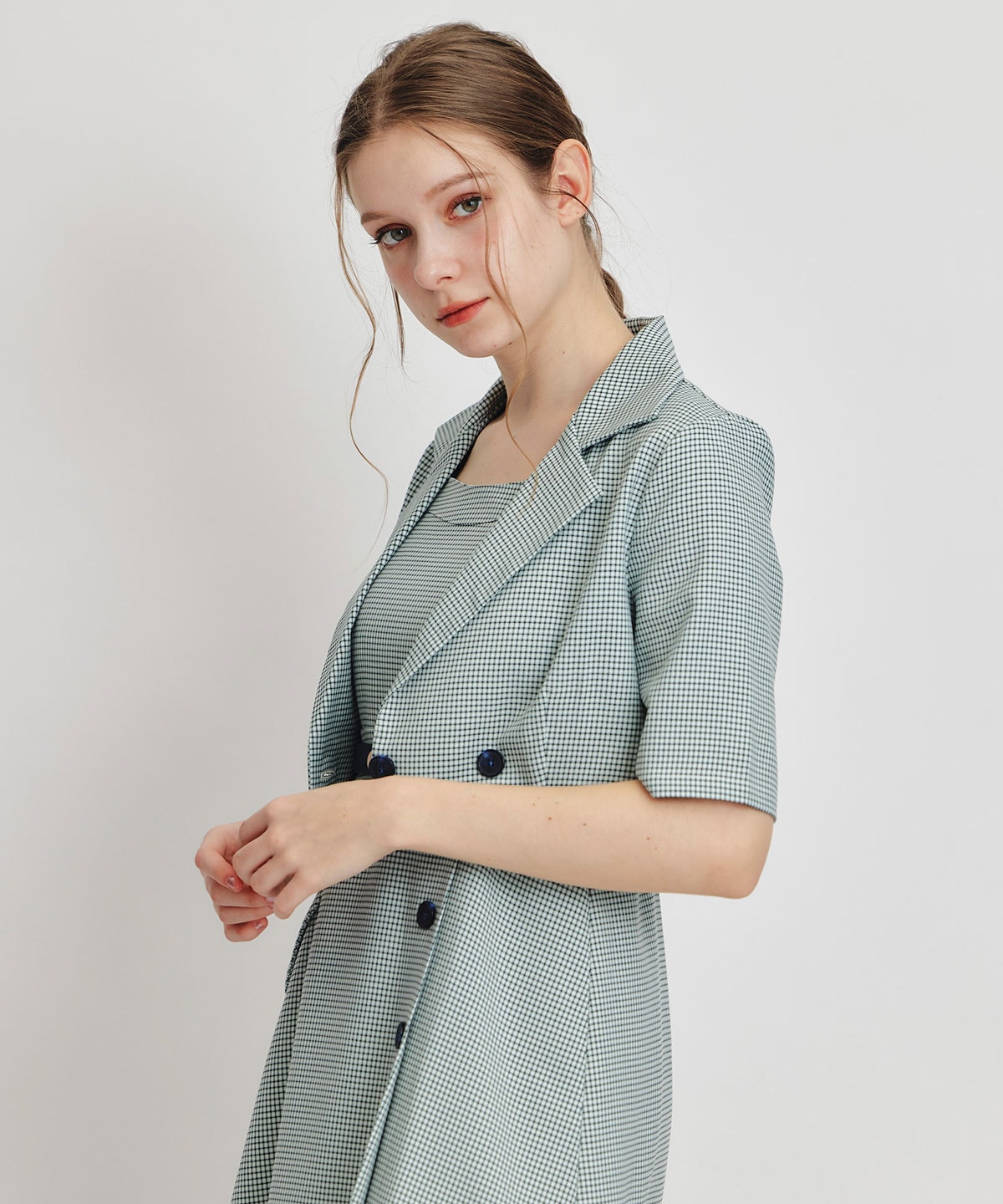 チェックショートジャケットｘアクセントベルトフレアロングワンピースセットアップ