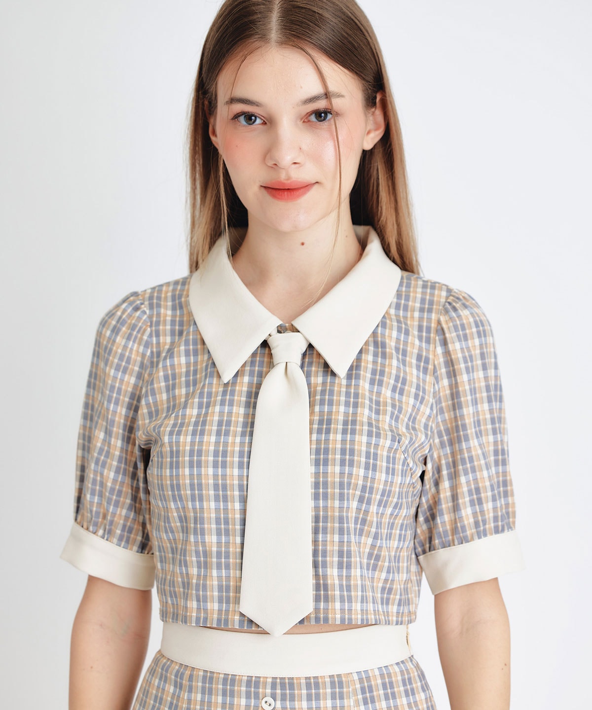 プレッピーネクタイチェックブラウス×プリーツミニスカートセットアップ
