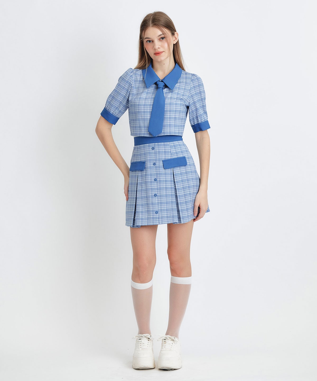 プレッピーネクタイチェックブラウス×プリーツミニスカートセットアップ