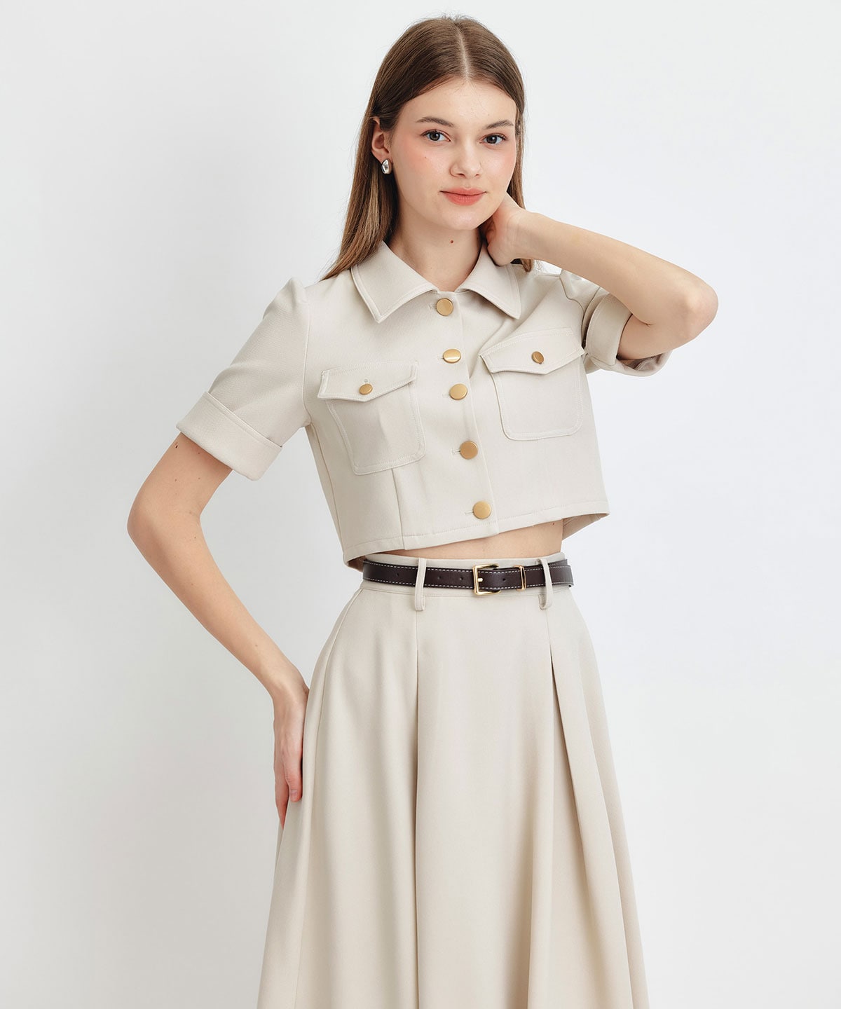 ショートジャケット×フレアロングスカートセットアップ