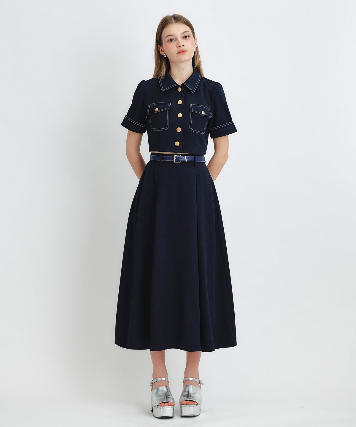 ショートジャケット×フレアロングスカートセットアップ