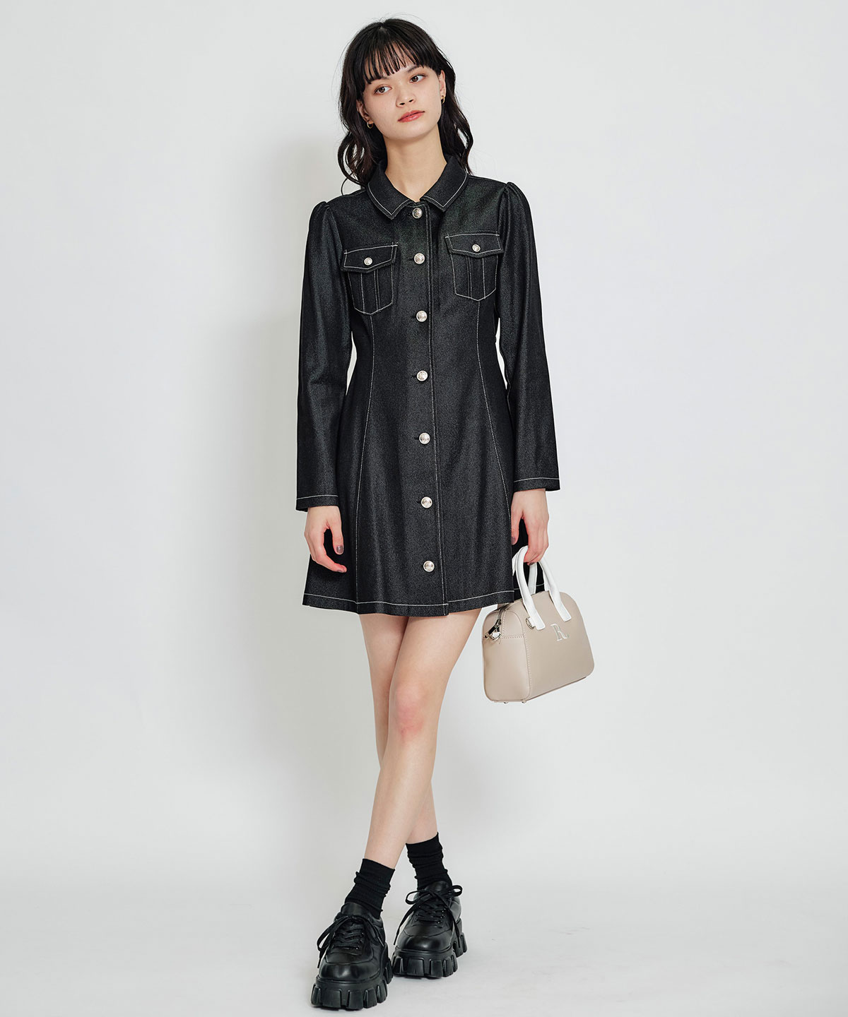 デニムステッチミニシャツワンピース