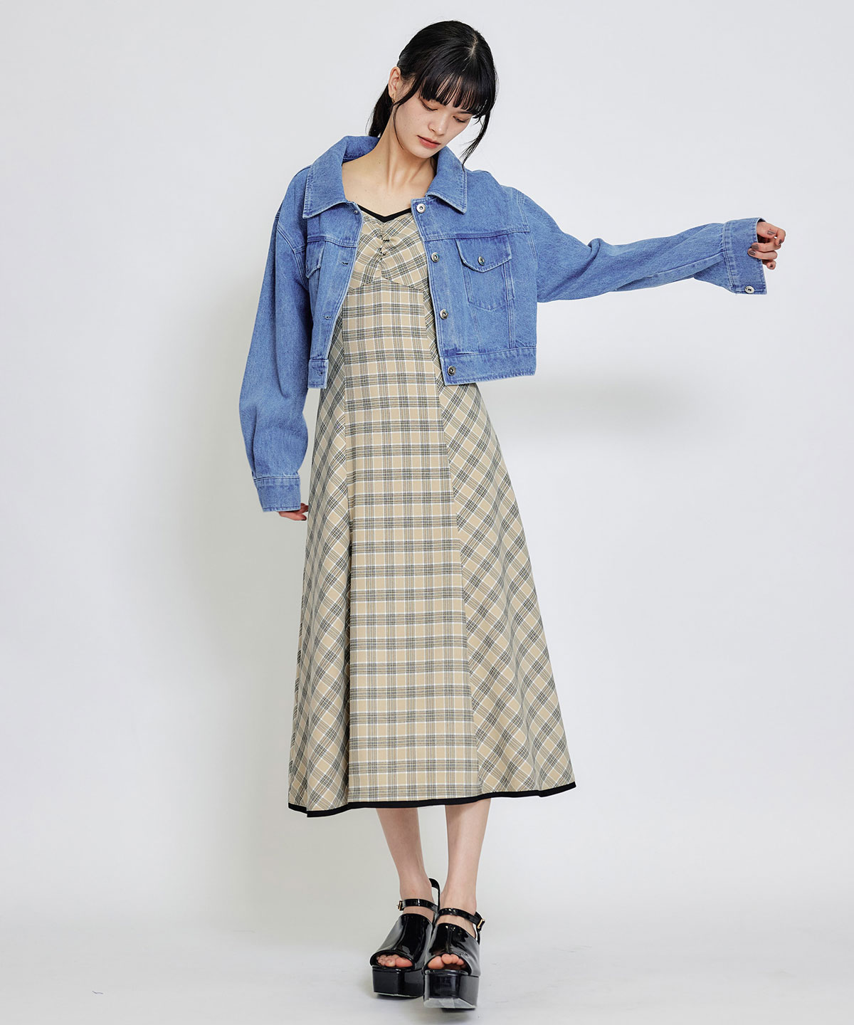 パイピングリボンキャミソールチェックフレアロングワンピース