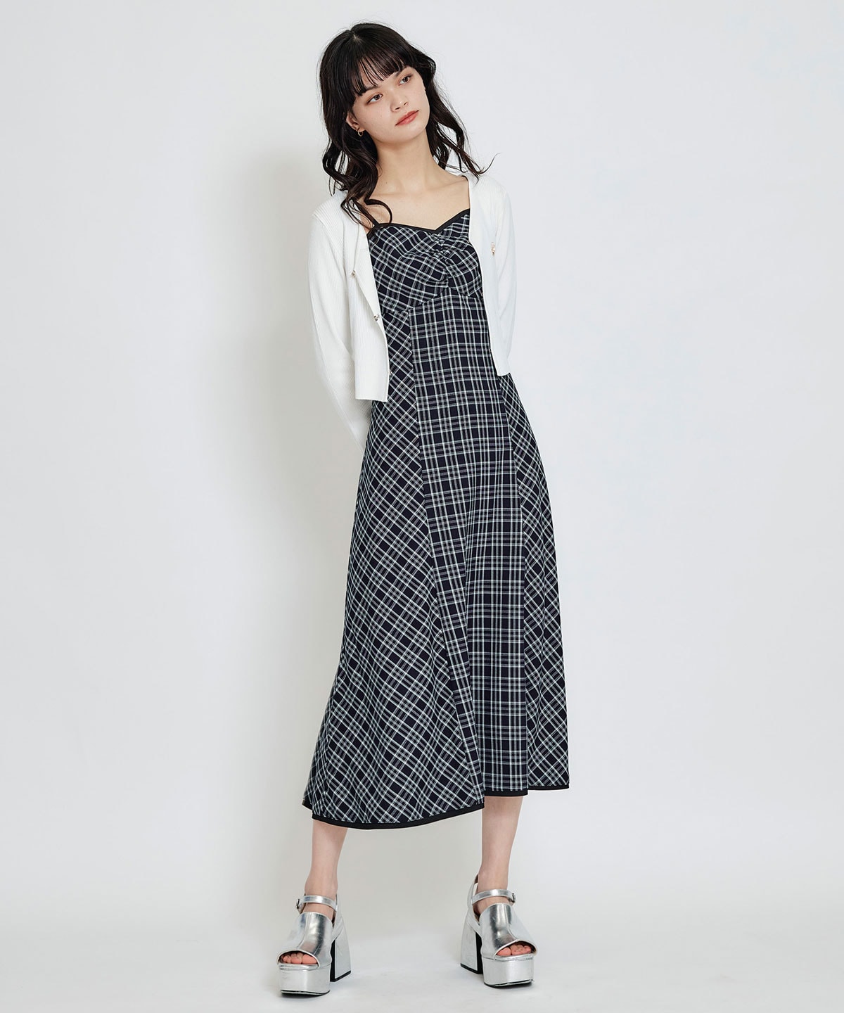 パイピングリボンキャミソールチェックフレアロングワンピース