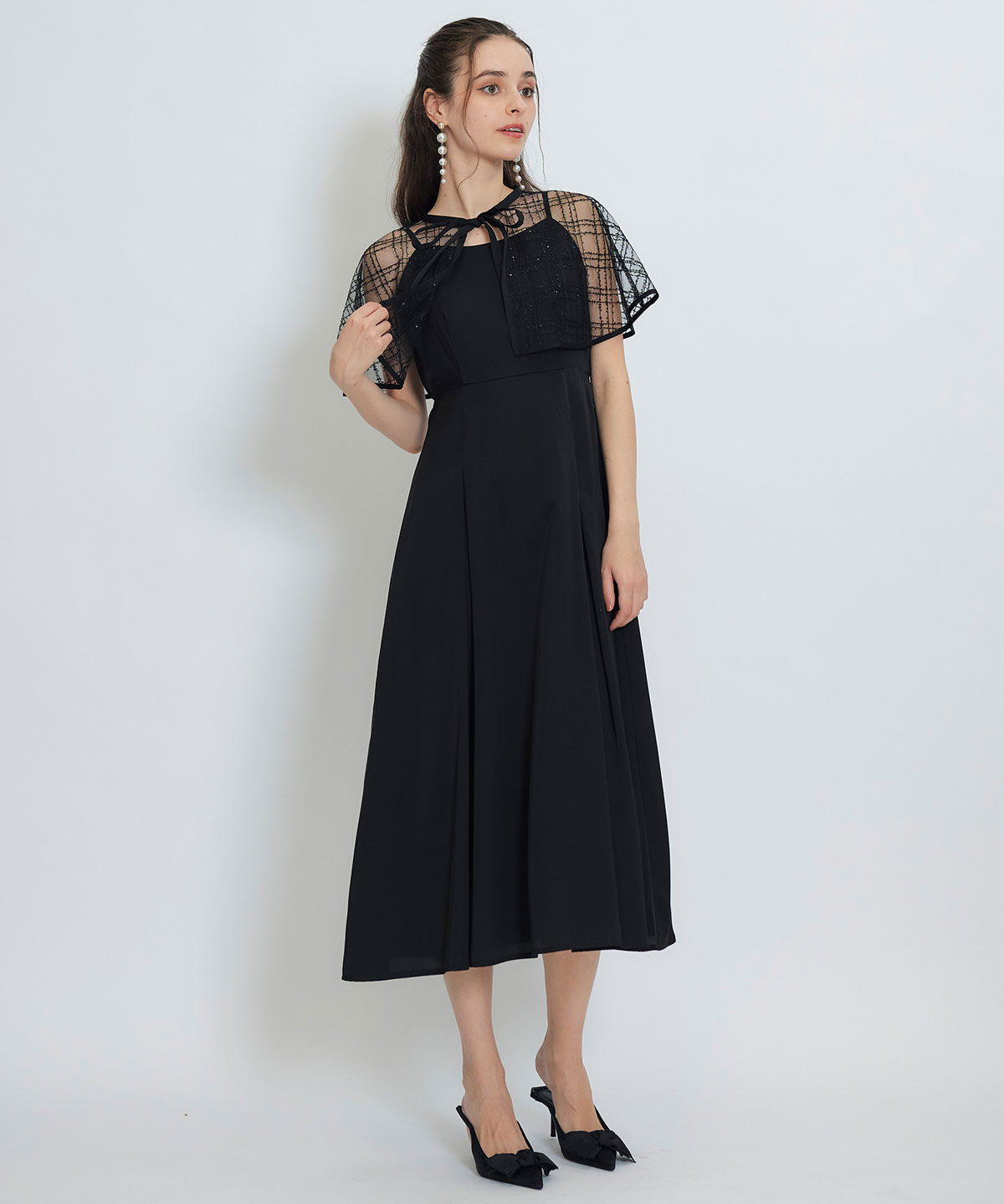 チェックシアーチュールケープ×キャミソールフレアロングドレス