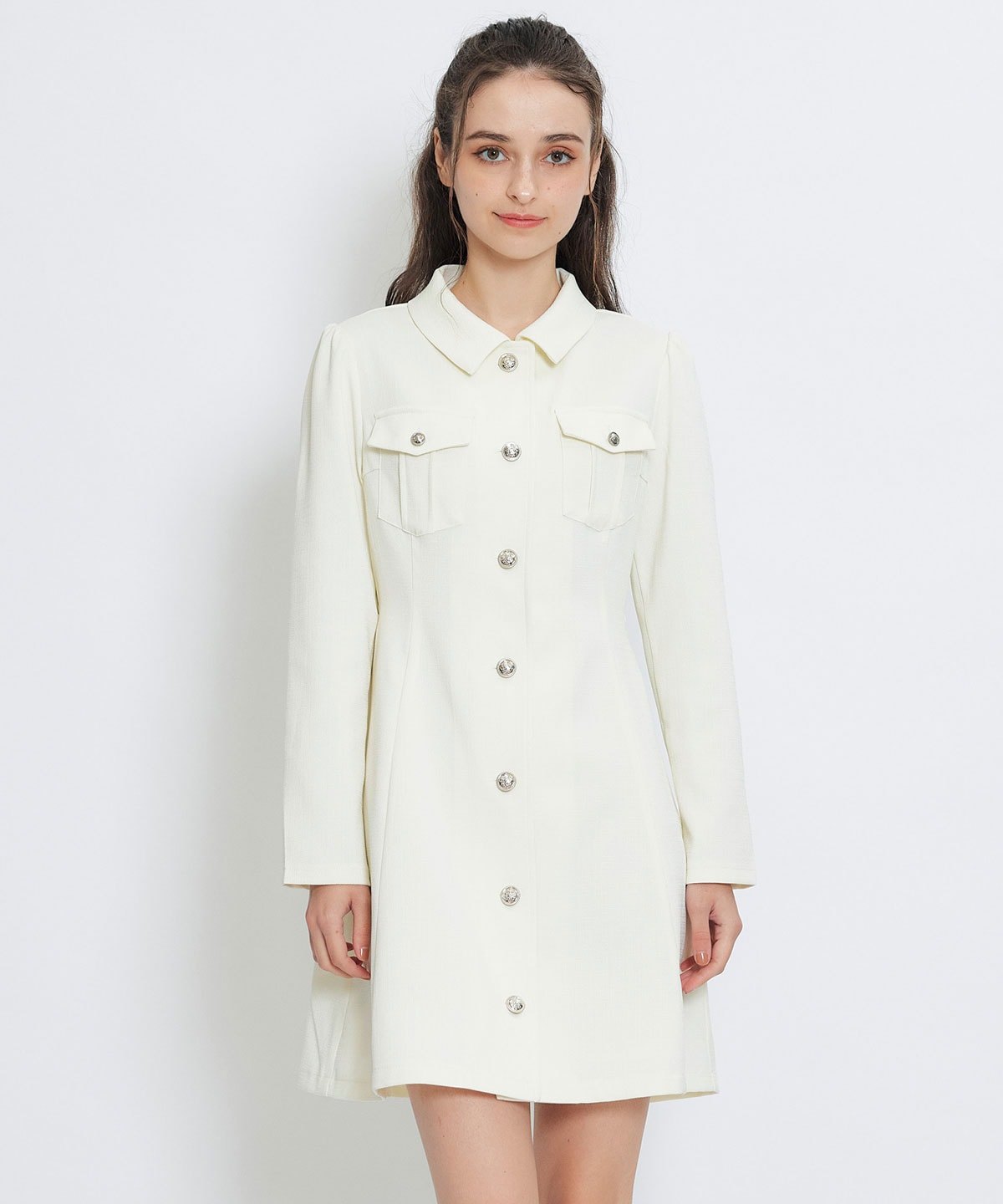 スプリングツイードシャツミニフレアワンピース