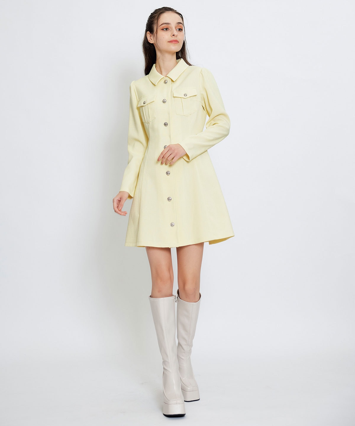 スプリングツイードシャツミニフレアワンピース