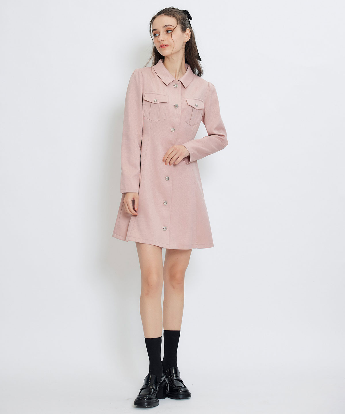 スプリングツイードシャツミニフレアワンピース