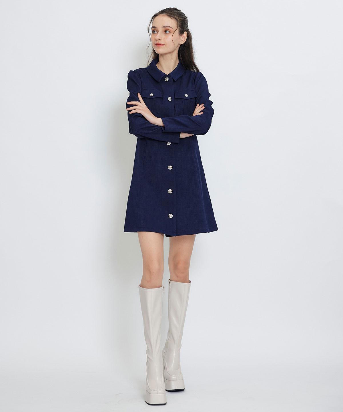 スプリングツイードシャツミニフレアワンピース