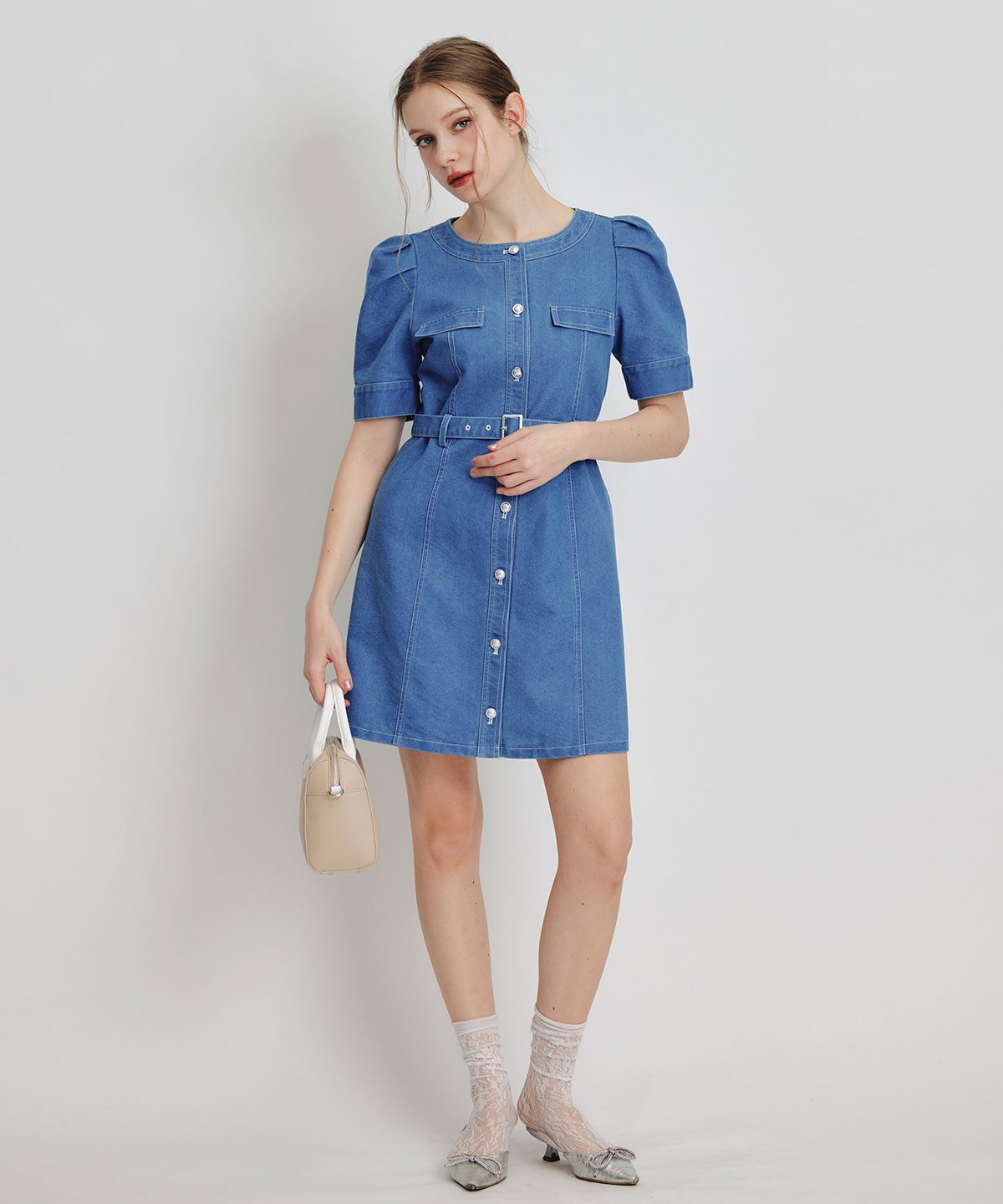 バイカラーステッチノーカラーデニムフレアミニワンピース