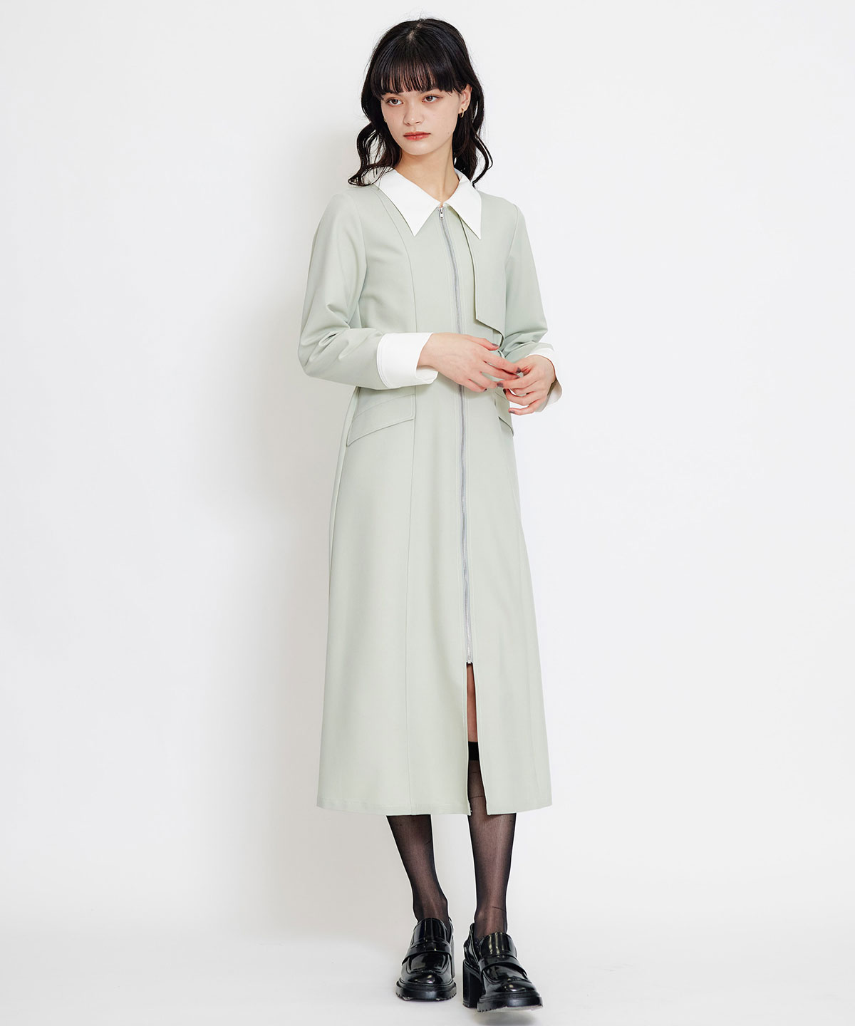 フロントZIPバイカラーロングシャツワンピース