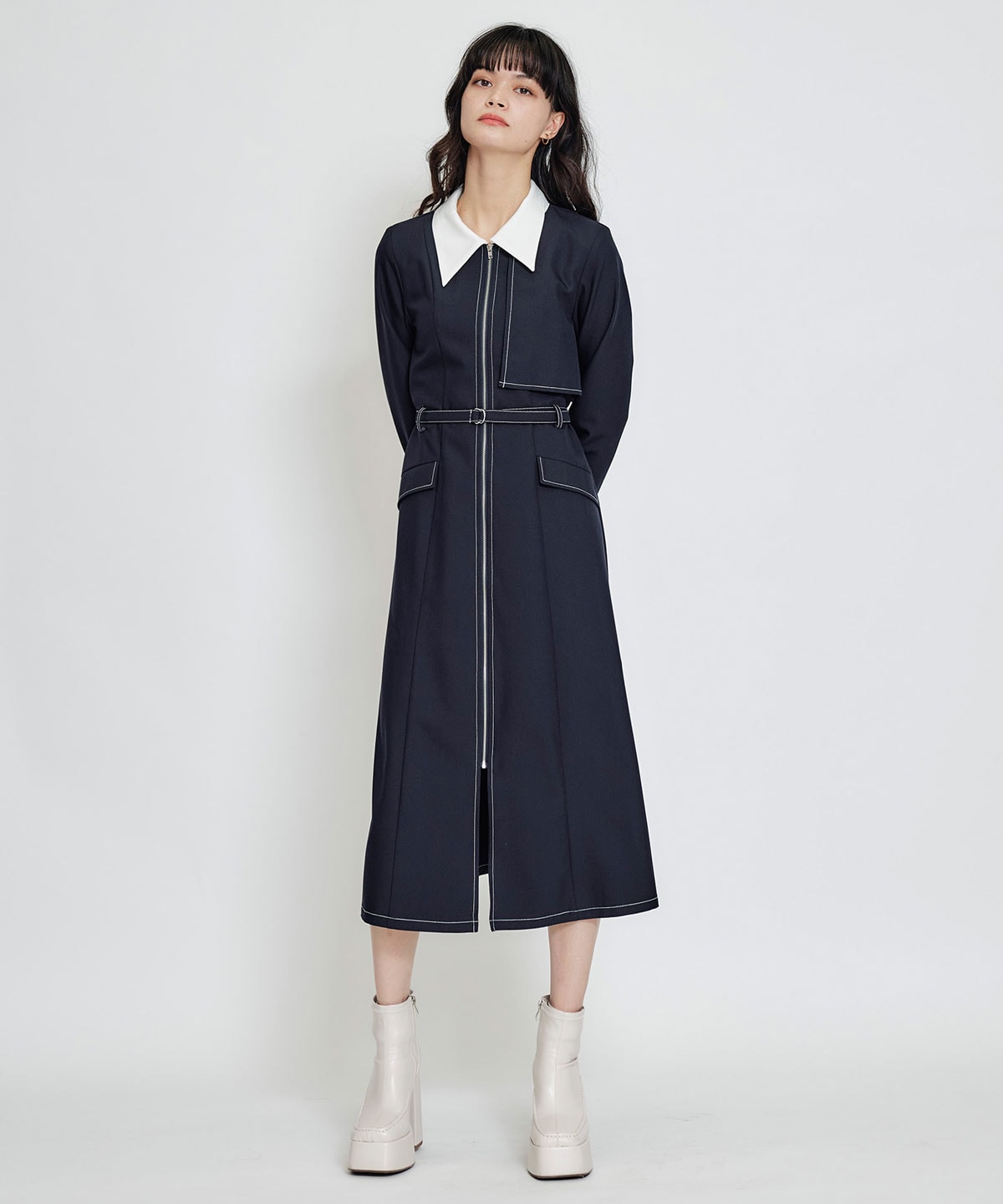 フロントZIPバイカラーロングシャツワンピース