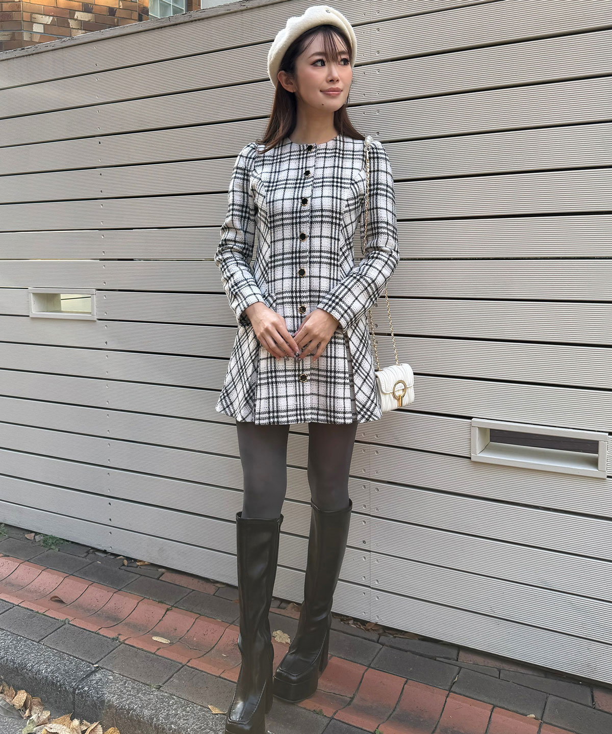 バイアスチェックツイードミニワンピース