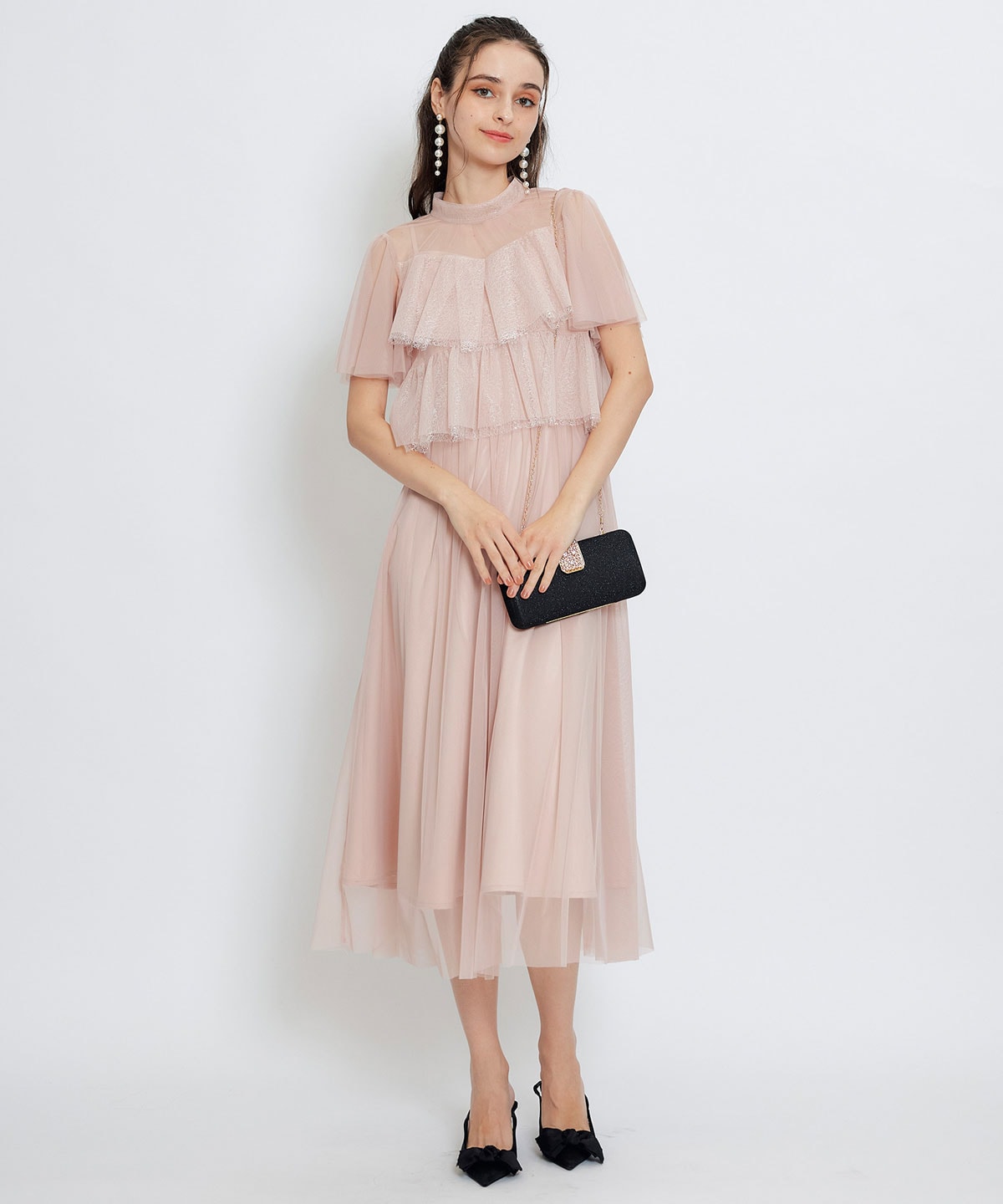 チュールレースティアードトップス×キャミソールフレアロングドレス