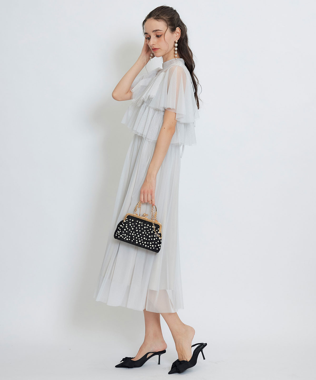 チュールレースティアードトップス×キャミソールフレアロングドレス