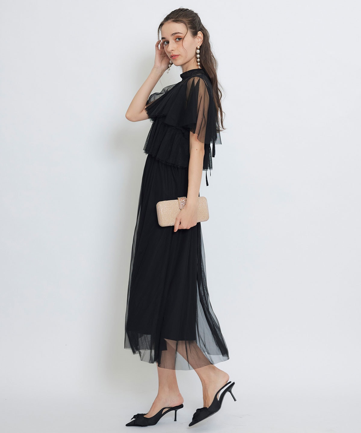 チュールレースティアードトップス×キャミソールフレアロングドレス