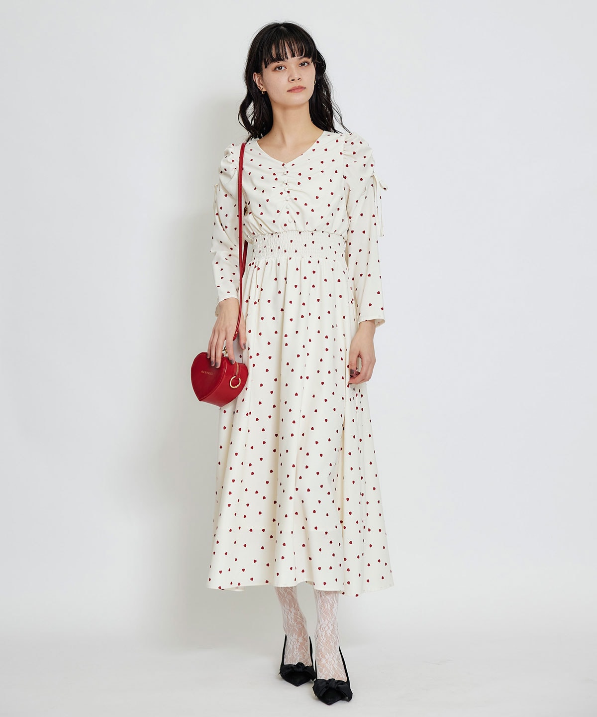 Love Me Heart ギャザーリボンロングフレアワンピース