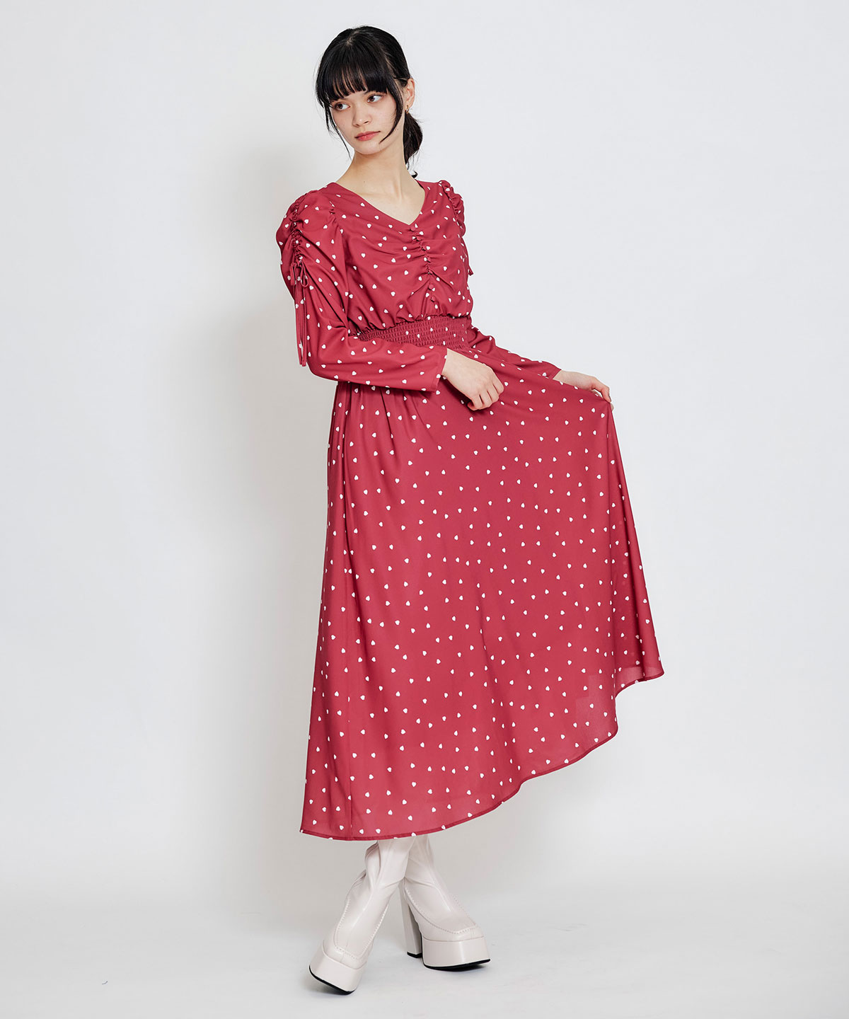 Love Me Heart ギャザーリボンロングフレアワンピース