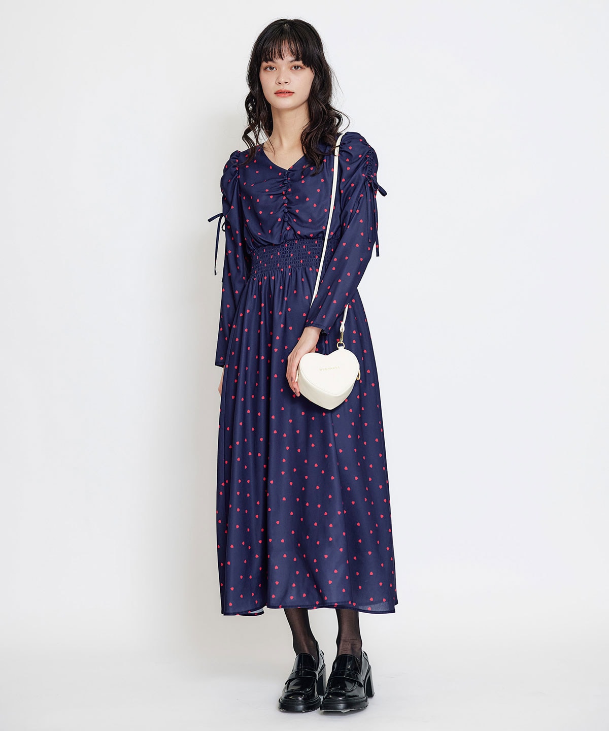 Love Me Heart ギャザーリボンロングフレアワンピース
