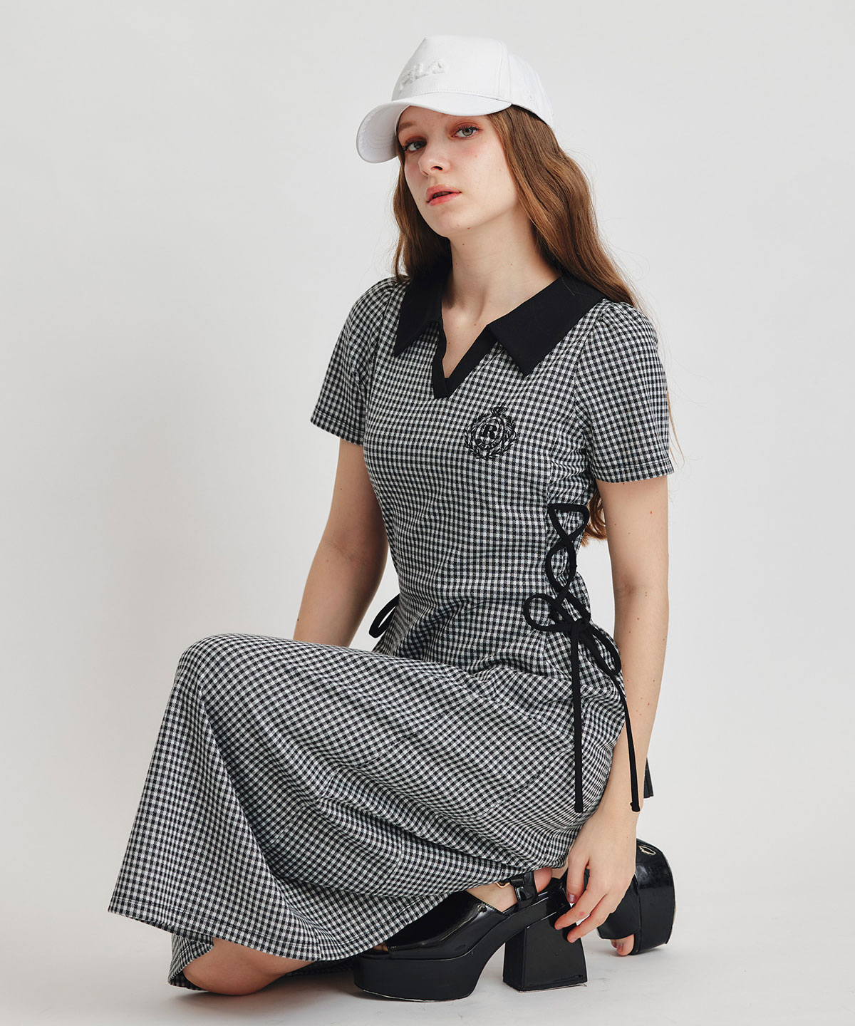 ポロカットレースアップフレアロングワンピース