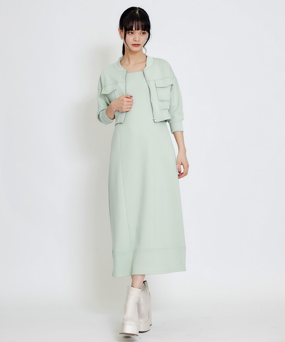 【セットアップ可能】バイカラーステッチカットロングワンピース