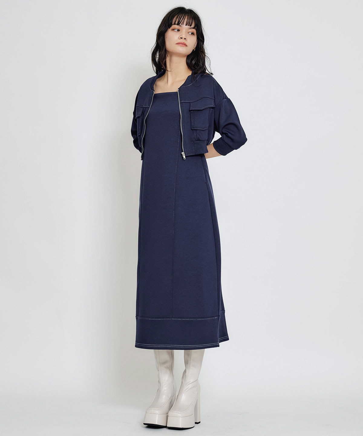 【セットアップ可能】バイカラーステッチカットロングワンピース