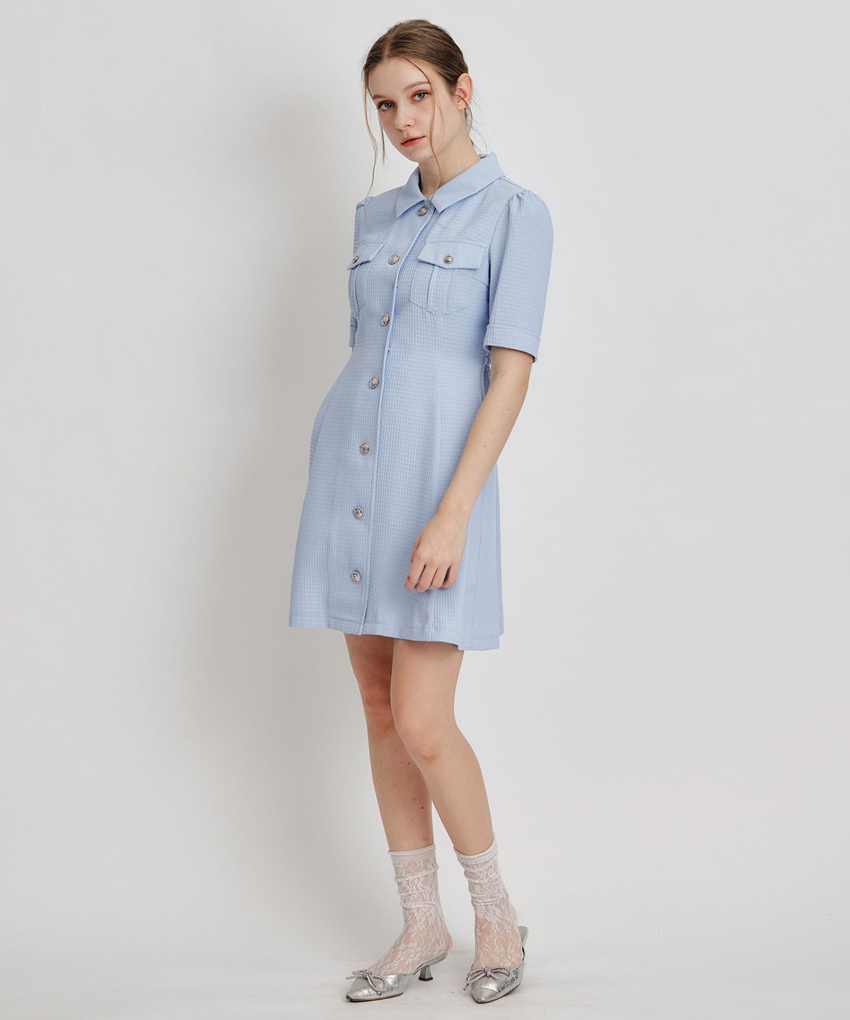 エンブレムボタンワッフルミニシャツワンピース
