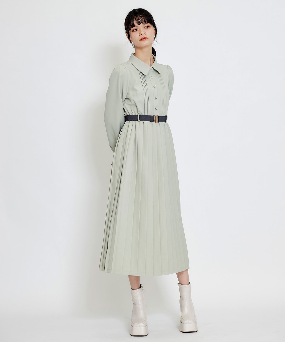 リボンタイプリーツロングシャツワンピース