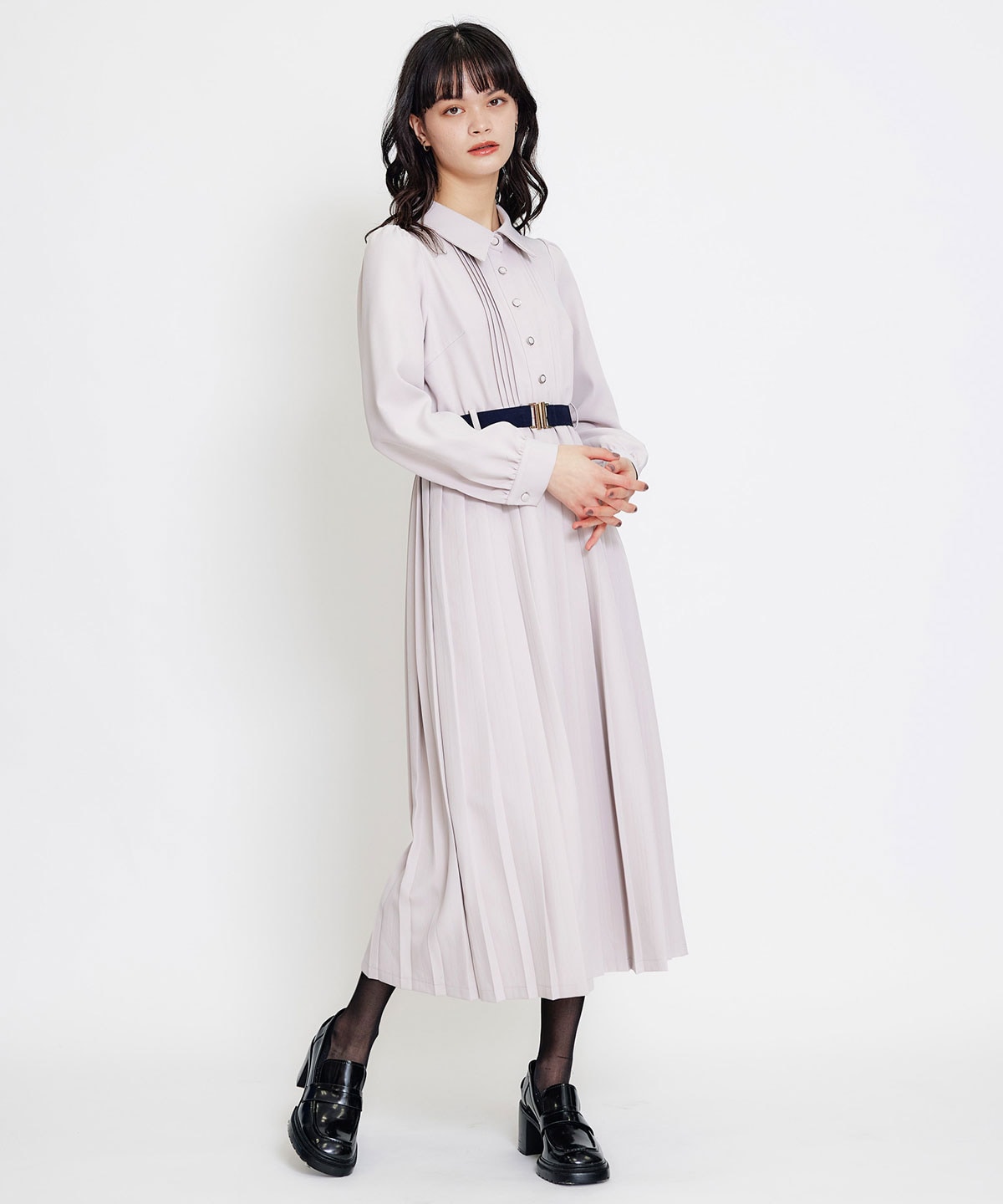 リボンタイプリーツロングシャツワンピース