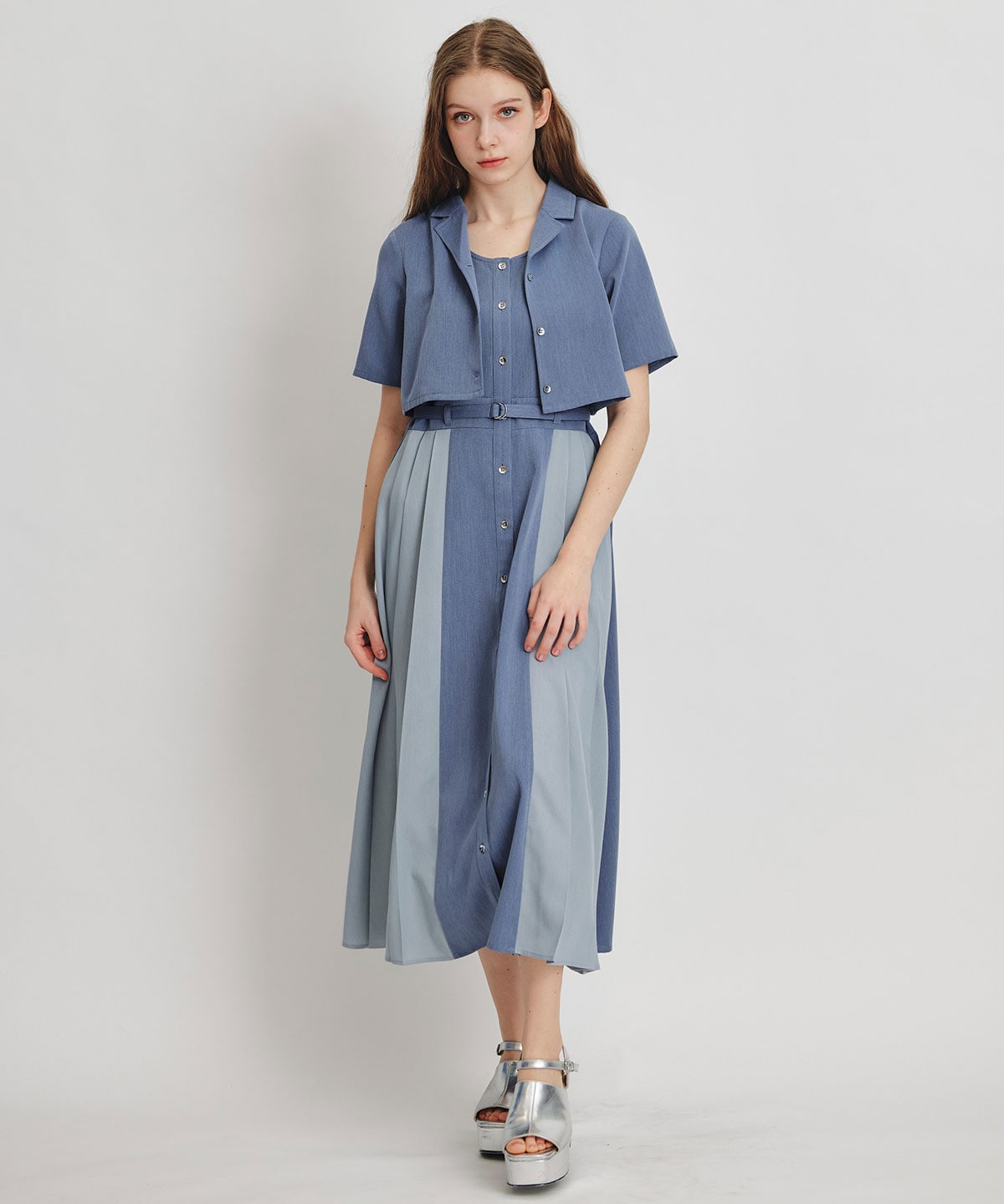 レイヤードサイドプリーツバイカラーロングワンピース