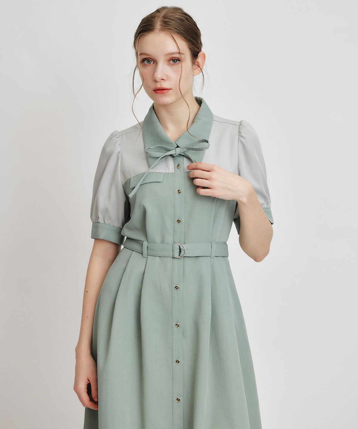 コントラストカラーシャツフレアロングワンピース