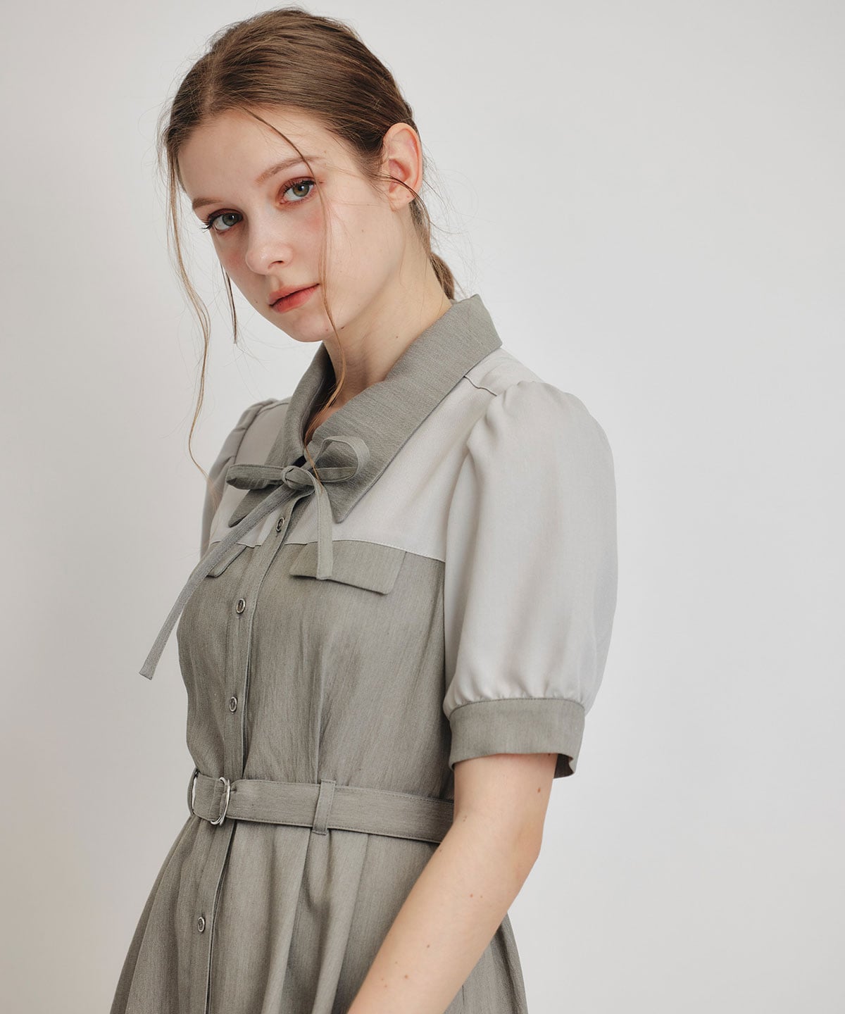 コントラストカラーシャツフレアロングワンピース