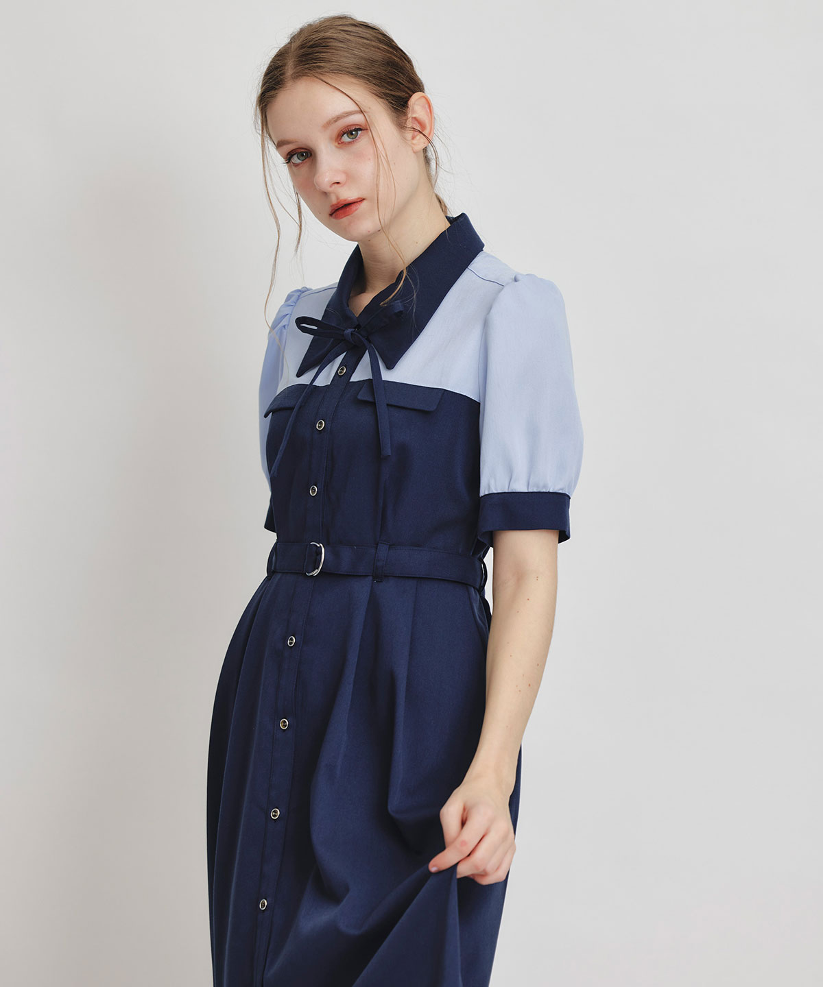 コントラストカラーシャツフレアロングワンピース