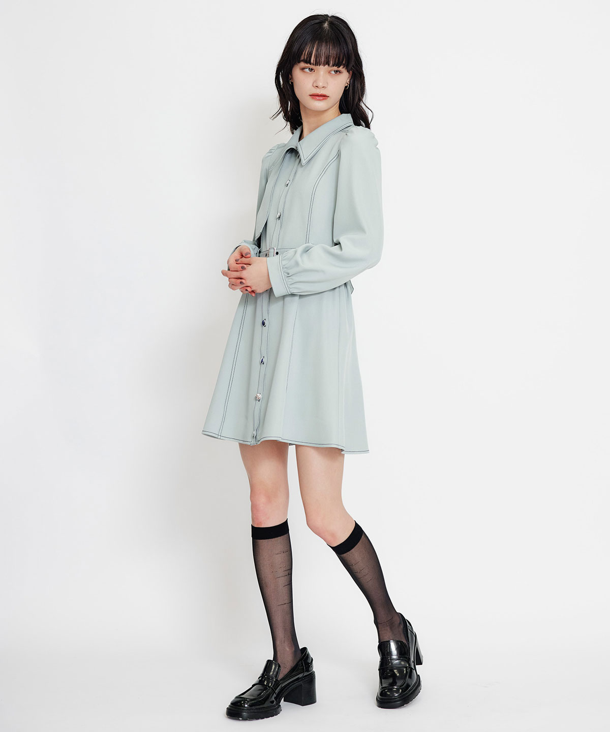 バイカラーステッチフレアミニシャツワンピース