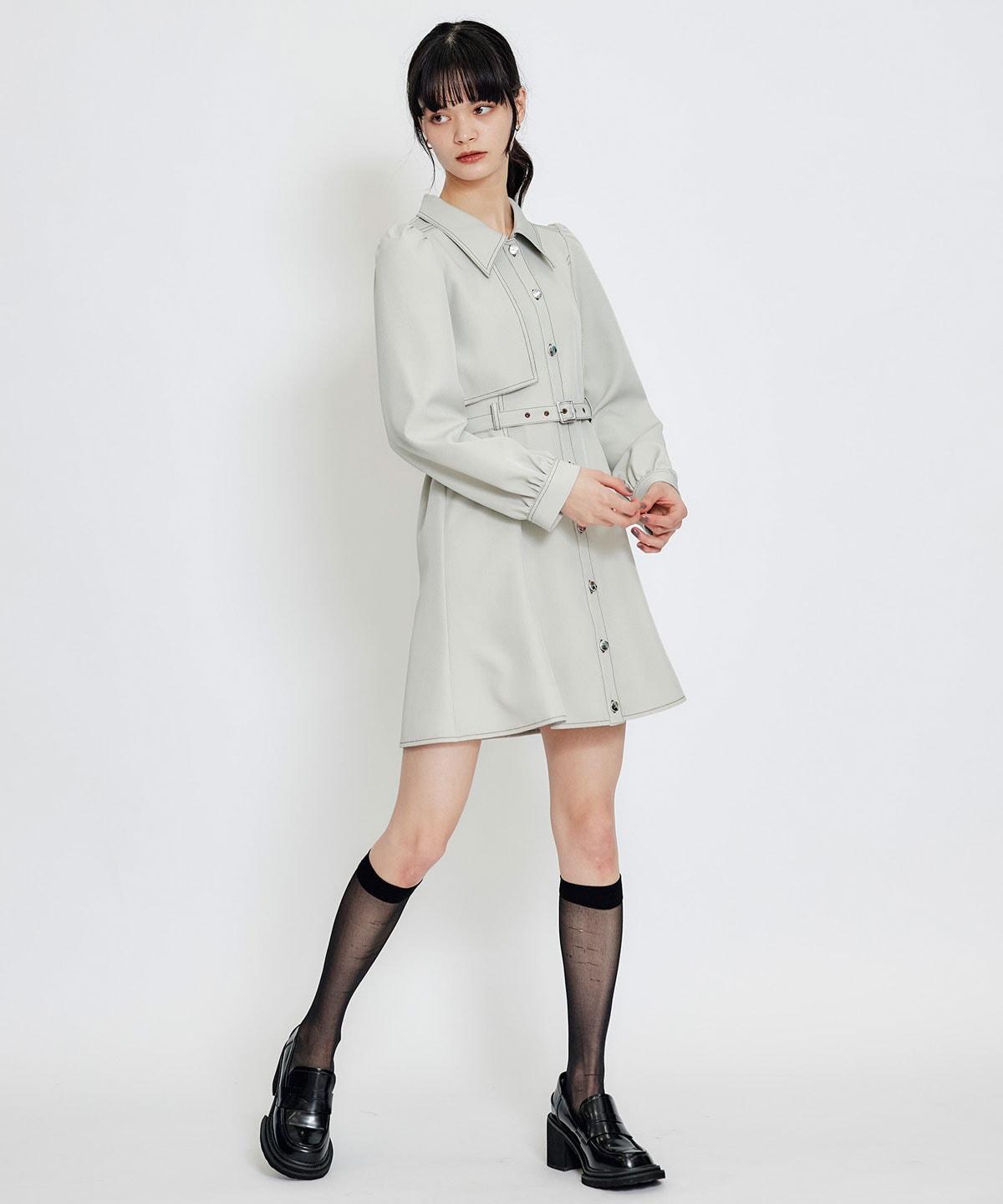 バイカラーステッチフレアミニシャツワンピース