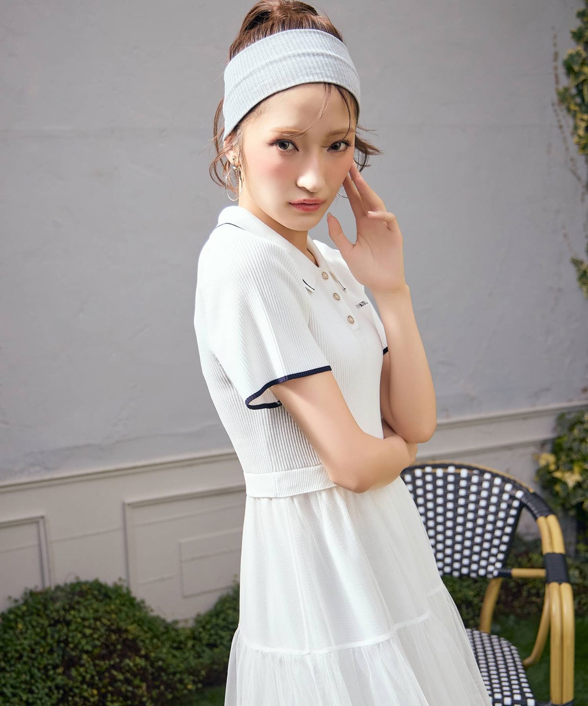 ポロニットチュールティアードドッキングロングワンピース