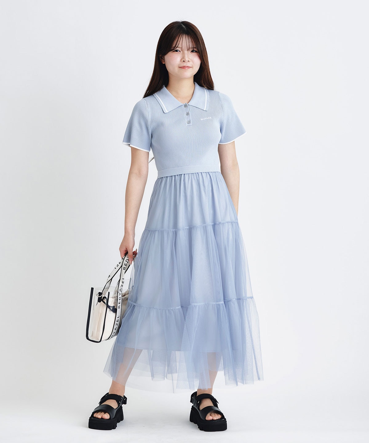 ポロニットチュールティアードドッキングロングワンピース