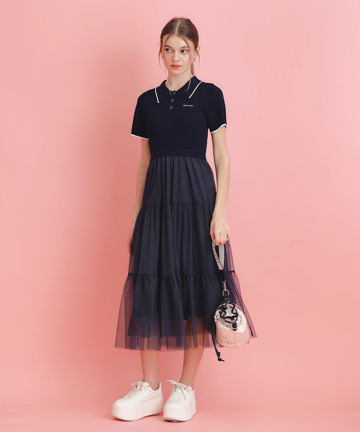 ポロニットチュールティアードドッキングロングワンピース