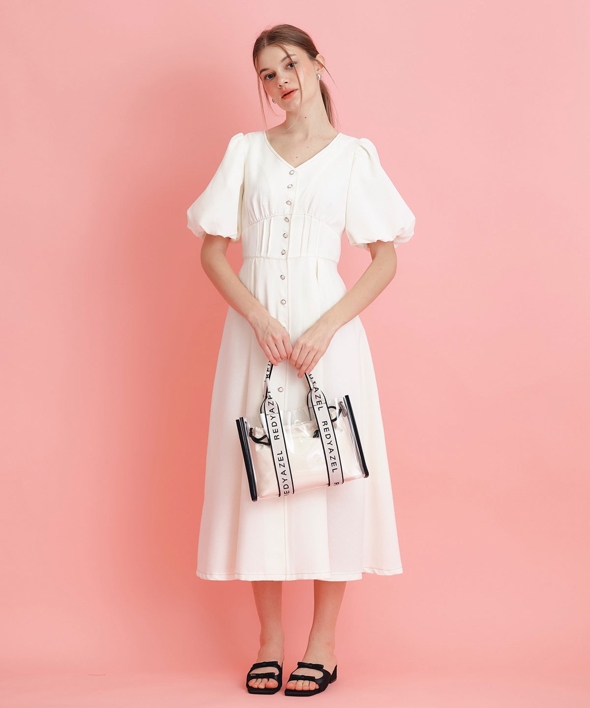 コルセットバルーンスリーブフレアロングワンピース