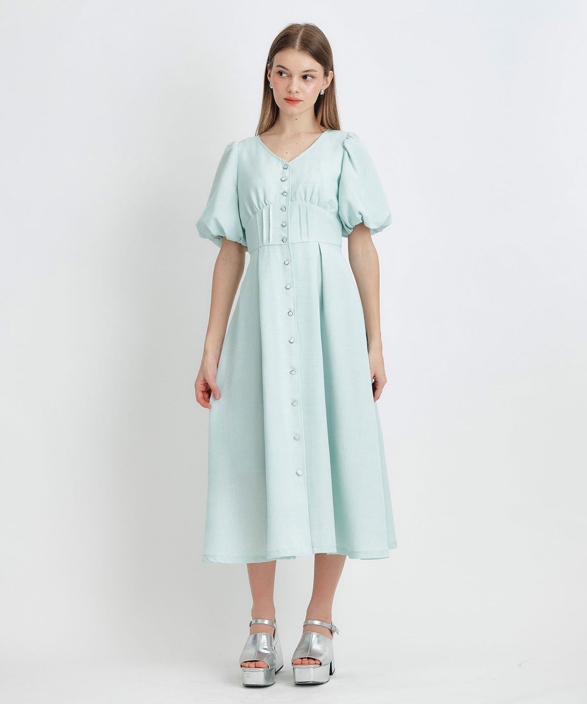 コルセットバルーンスリーブフレアロングワンピース