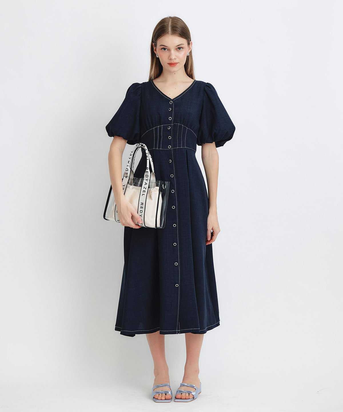 コルセットバルーンスリーブフレアロングワンピース