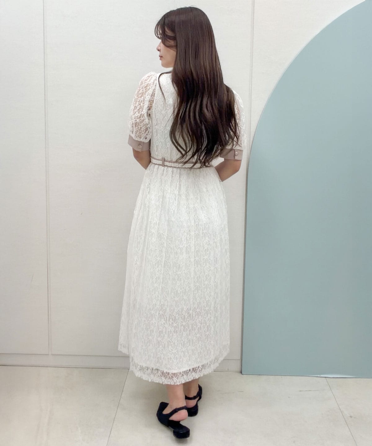 レースバイカラープリーツロングワンピース