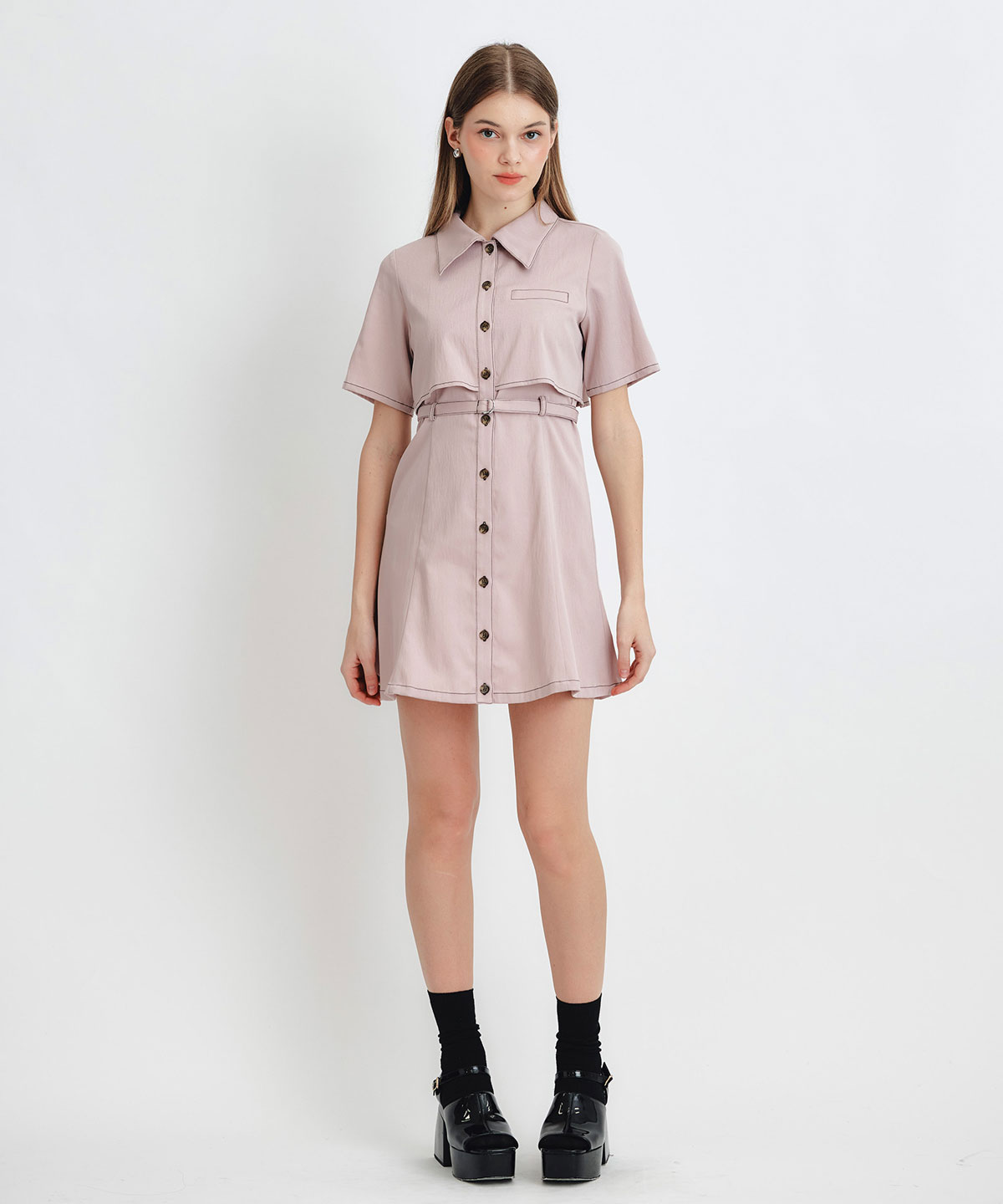 レイヤードライクコントラストフレアミニワンピース