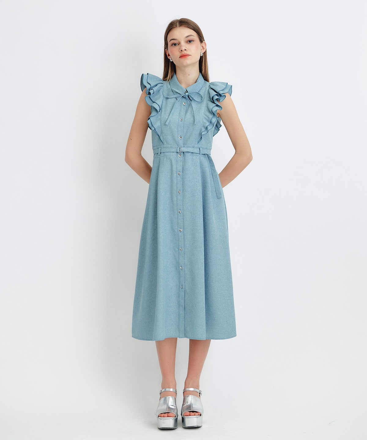 フリルシャツフレアロングワンピース