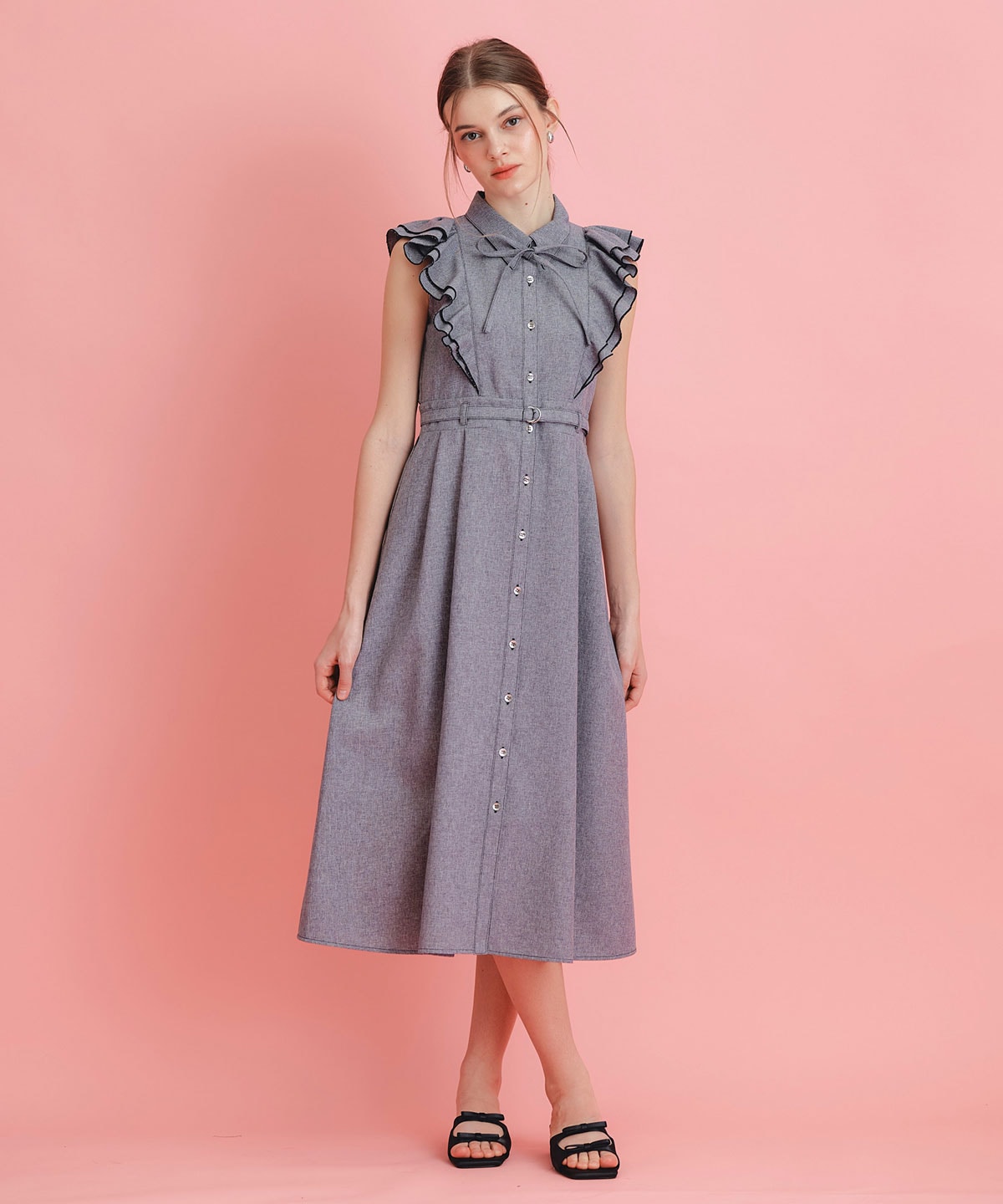 フリルシャツフレアロングワンピース