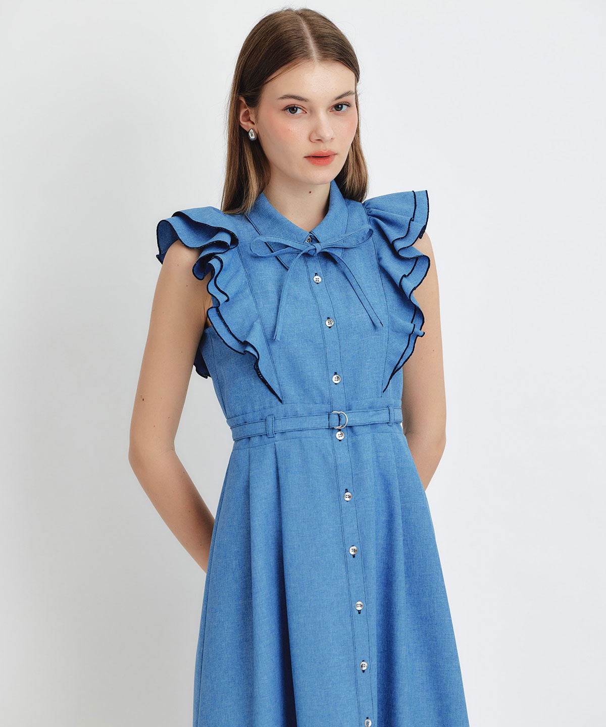 フリルシャツフレアロングワンピース